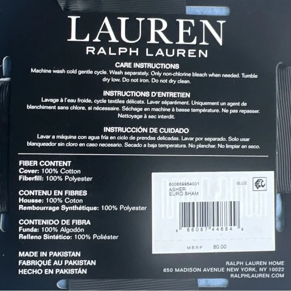 Lauren Ralph Lauren Blue Asher Euro Sham 26”X26” NWT